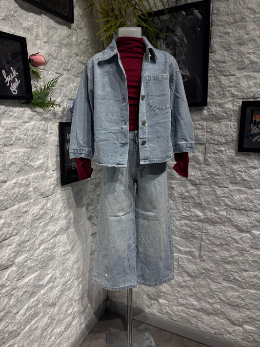 Completo denim azzurro con strass giacca e jeans 6-16 anni