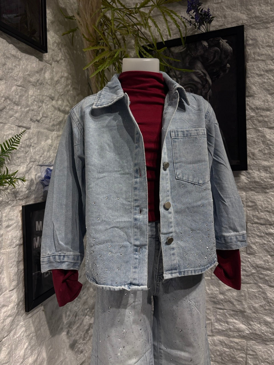 Completo denim azzurro con strass giacca e jeans 6-16 anni