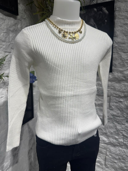 Maglioncino bianco in maglia a costine con mezzo collo 4-12 anni
