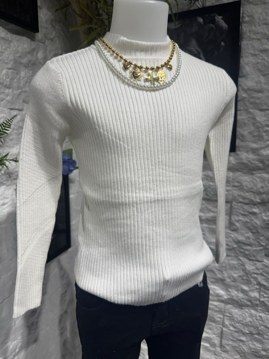Maglioncino bianco in maglia a costine con mezzo collo 4-12 anni
