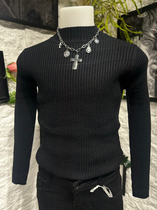 Maglioncino nero in maglia a costine con mezzo collo 4-12 anni