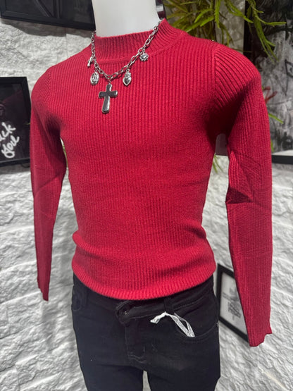 Maglioncino bordeaux in maglia a costine con mezzo collo 4-12 anni