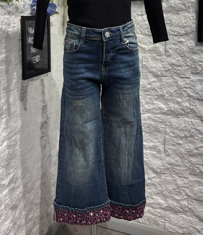 Jeans a palazzo blu in denim con risvolto animalier  4-14 anni