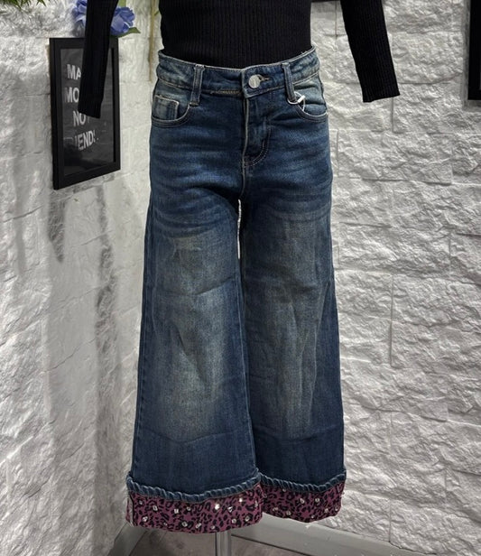 Jeans a palazzo blu in denim con risvolto animalier  4-14 anni