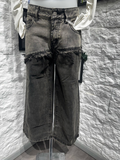 Jeans wide leg grigio in denim con fascia sfrangiata 8-16 anni