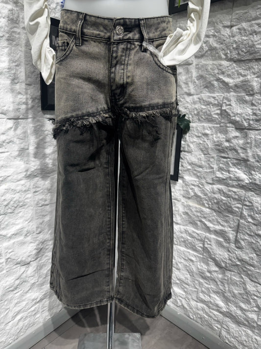 Jeans wide leg grigio in denim con fascia sfrangiata 8-16 anni