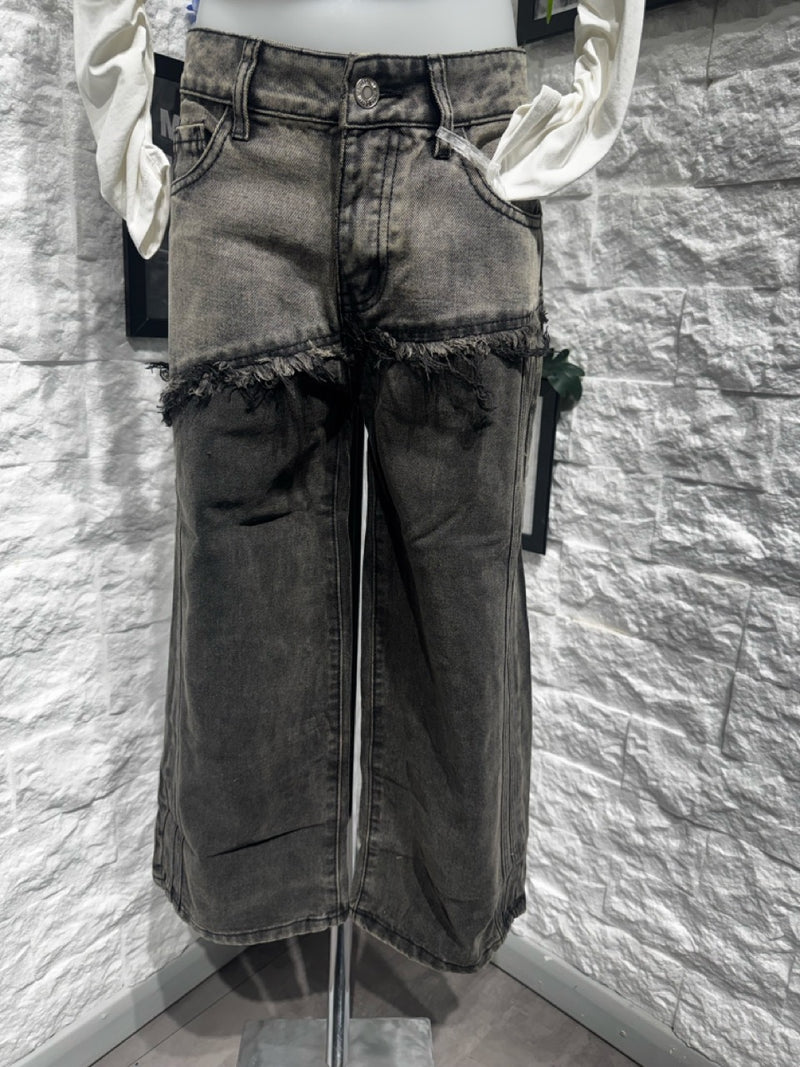 Jeans wide leg grigio in denim con fascia sfrangiata 8-16 anni