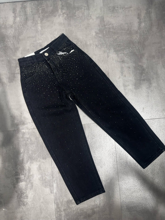 Jeans nero in denim con strass brillantinati 6-16 anni