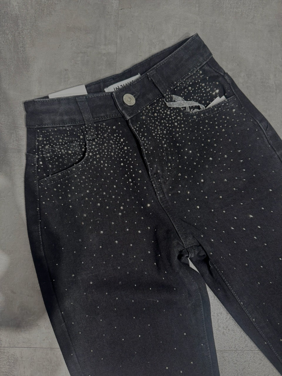 Jeans nero in denim con strass brillantinati 6-16 anni