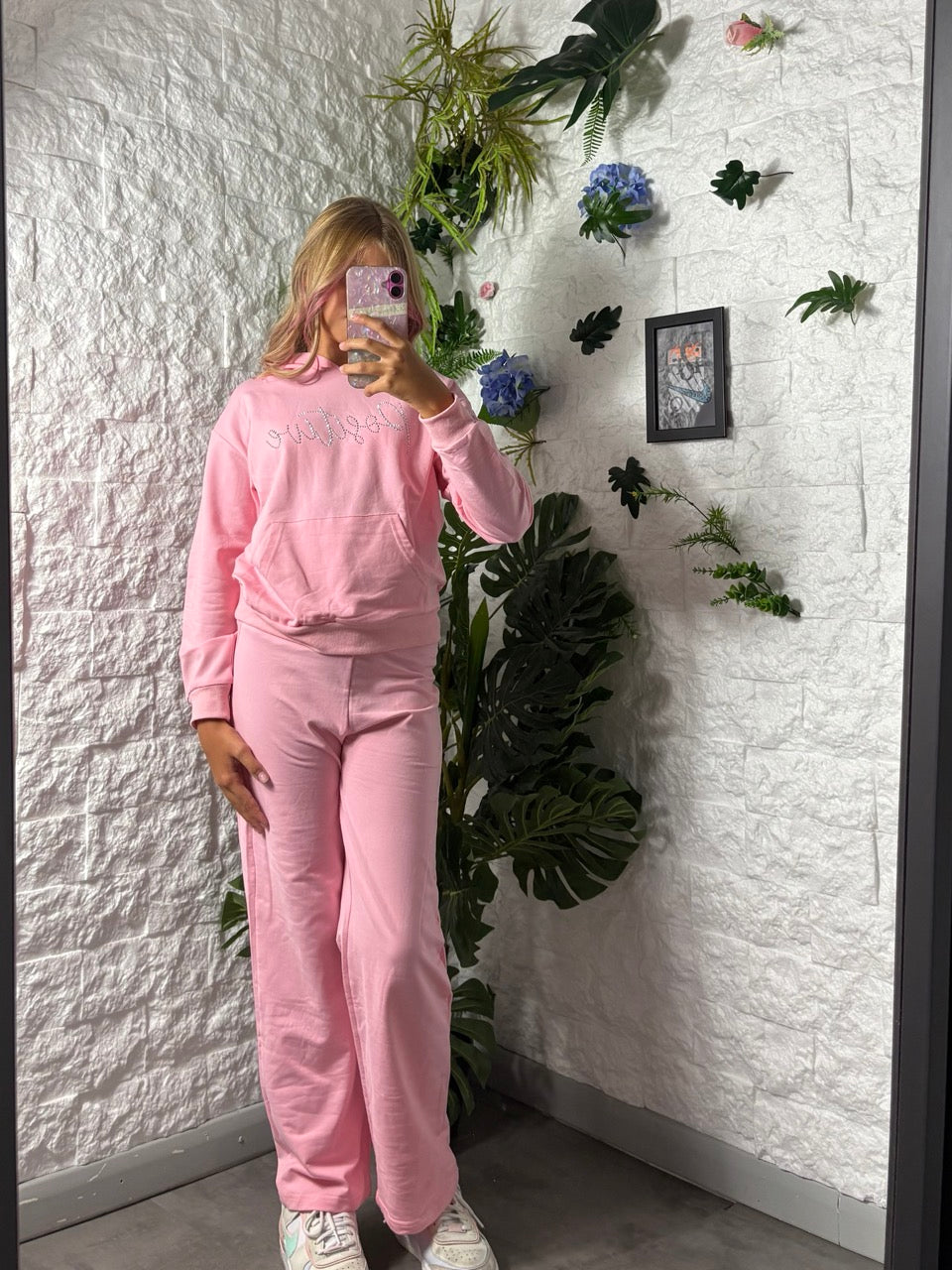 Completo rosa con felpa cappuccio e pantalone ampio - GARZATO 4-14 anni