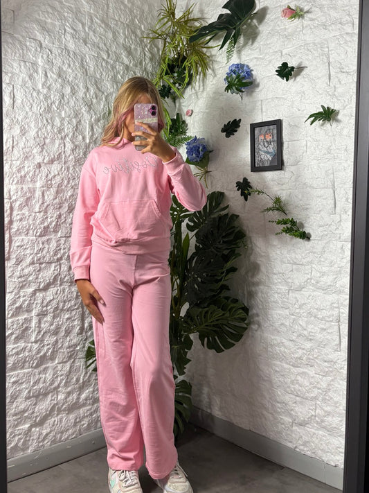 Completo rosa con felpa cappuccio e pantalone ampio - GARZATO 4-14 anni