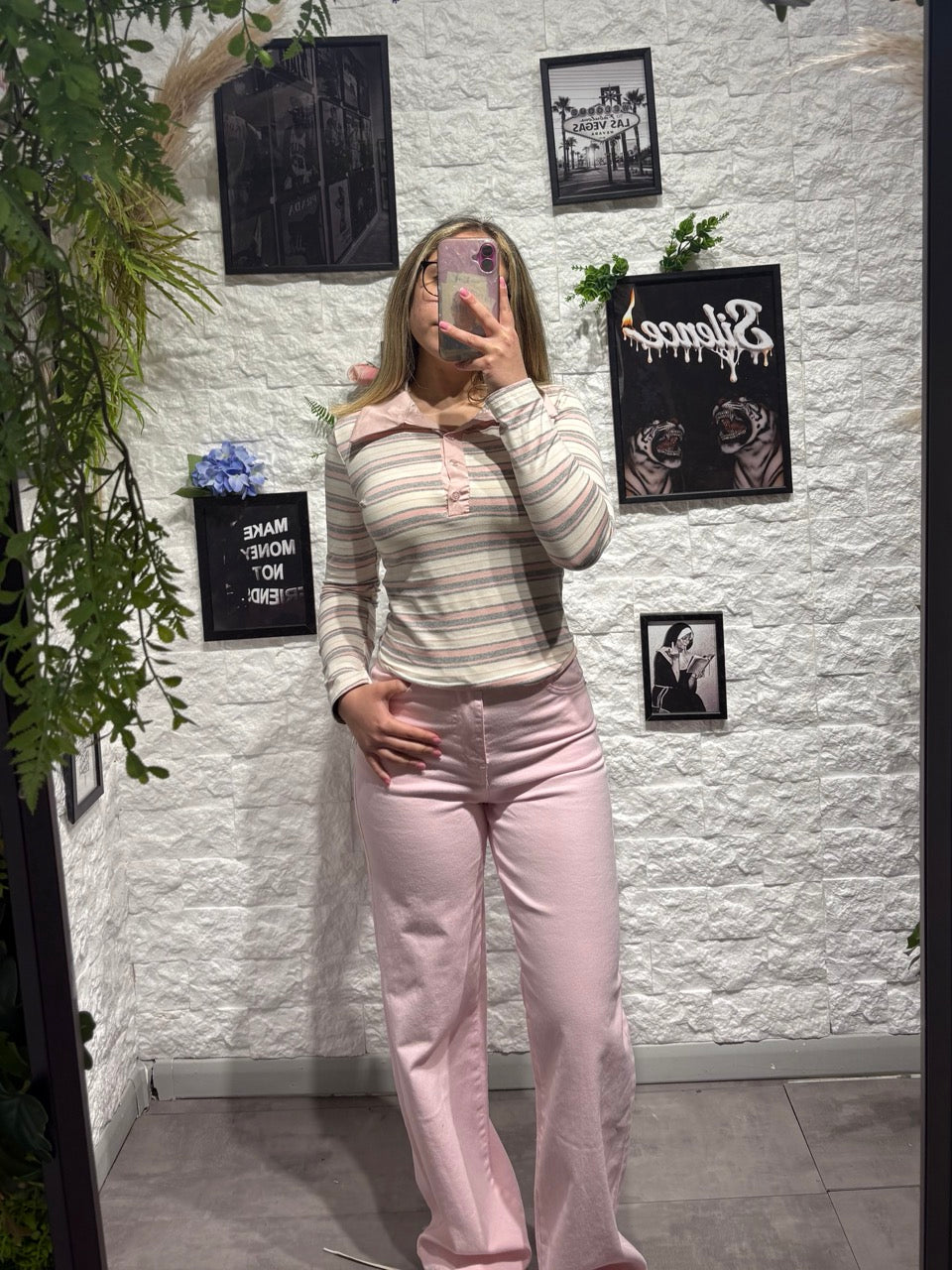 Jeans palazzo rosa pastello in denim a vita alta