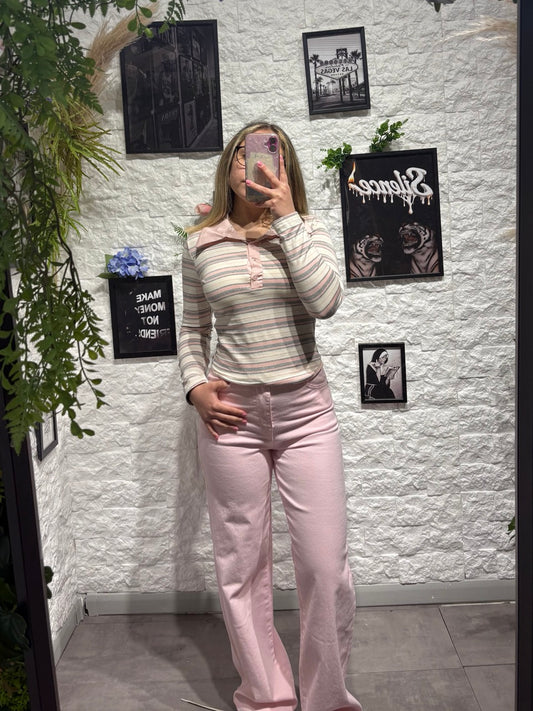 Jeans palazzo rosa pastello in denim a vita alta