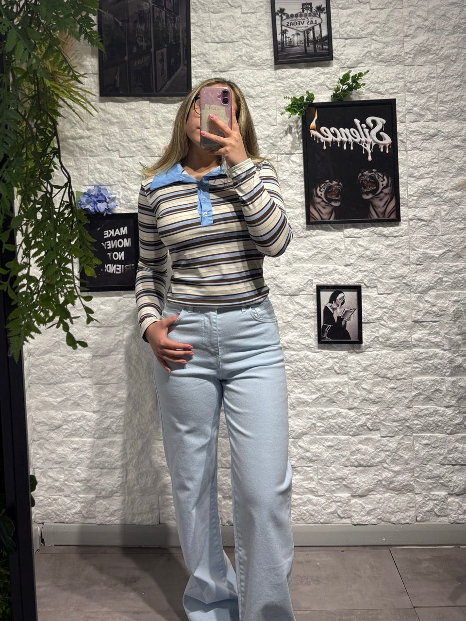 Jeans palazzo azzurro pastello in denim a vita alta