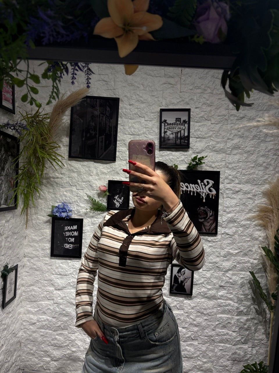 Maglia polo a righe con colletto e bottoni a manica lunga