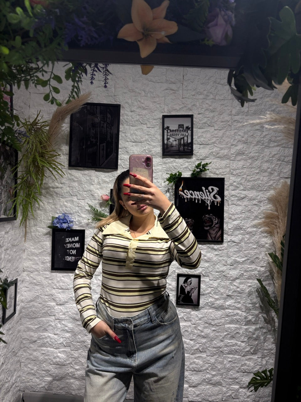 Maglia polo a righe con colletto e bottoni a manica lunga