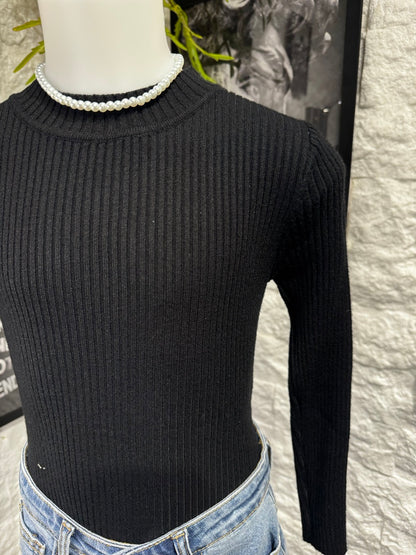 Body nero in maglia a costine con mezzo collo alto 6-16 anni