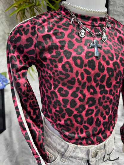Body fucsia con stampa leopardata e bande laterali 4-14 anni