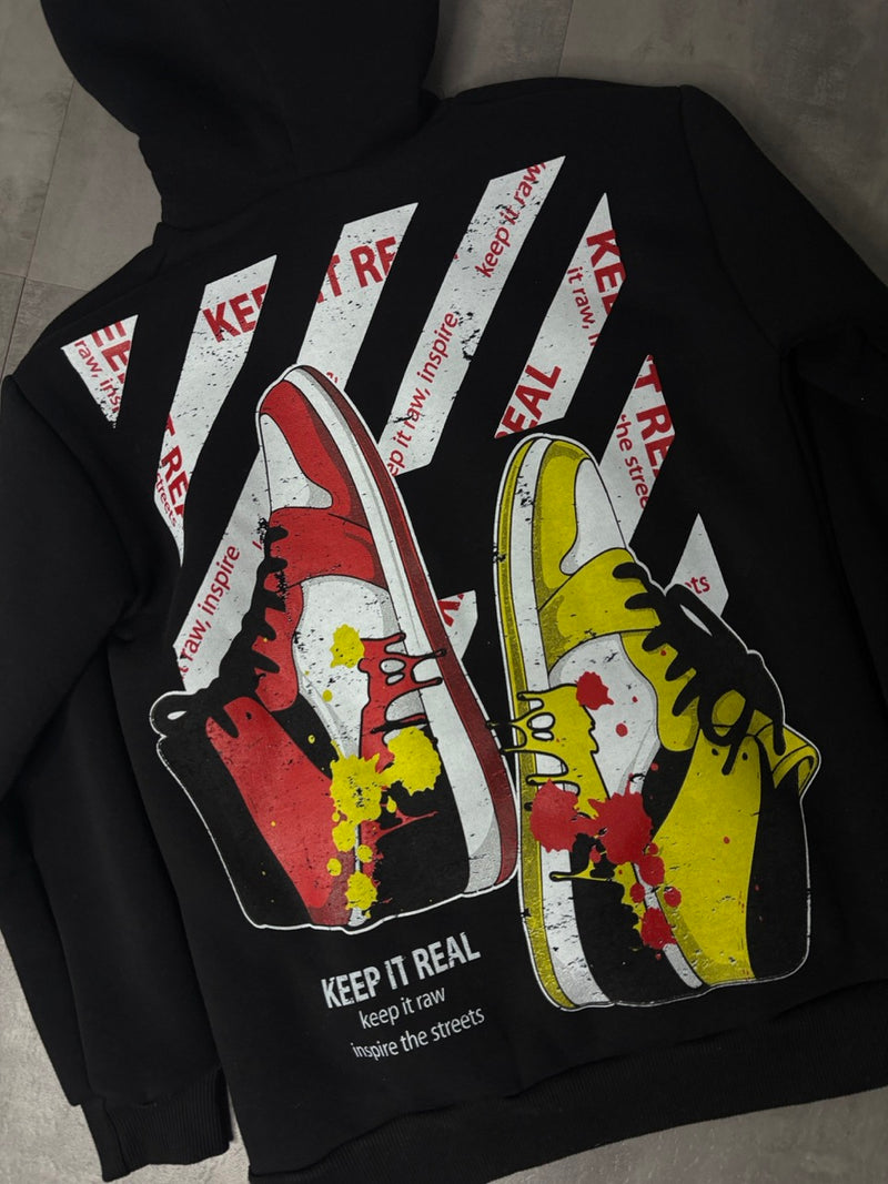 Felpa nera con cappuccio e stampa sneakers "KEEP IT REAL" - FELPATO 10-16 anni