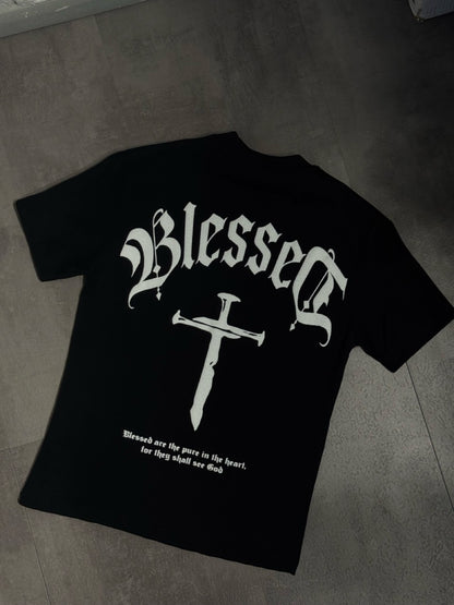 T-shirt bianca con stampa "BLESSED" e croce - OVERSIZE 10-16 anni