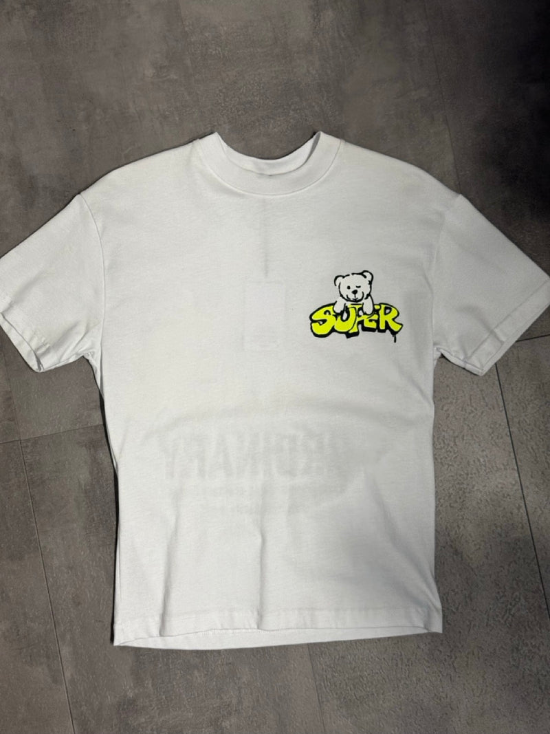 T-shirt bianca con stampa "SUPER" e orsetto - OVERSIZE 10-16 anni