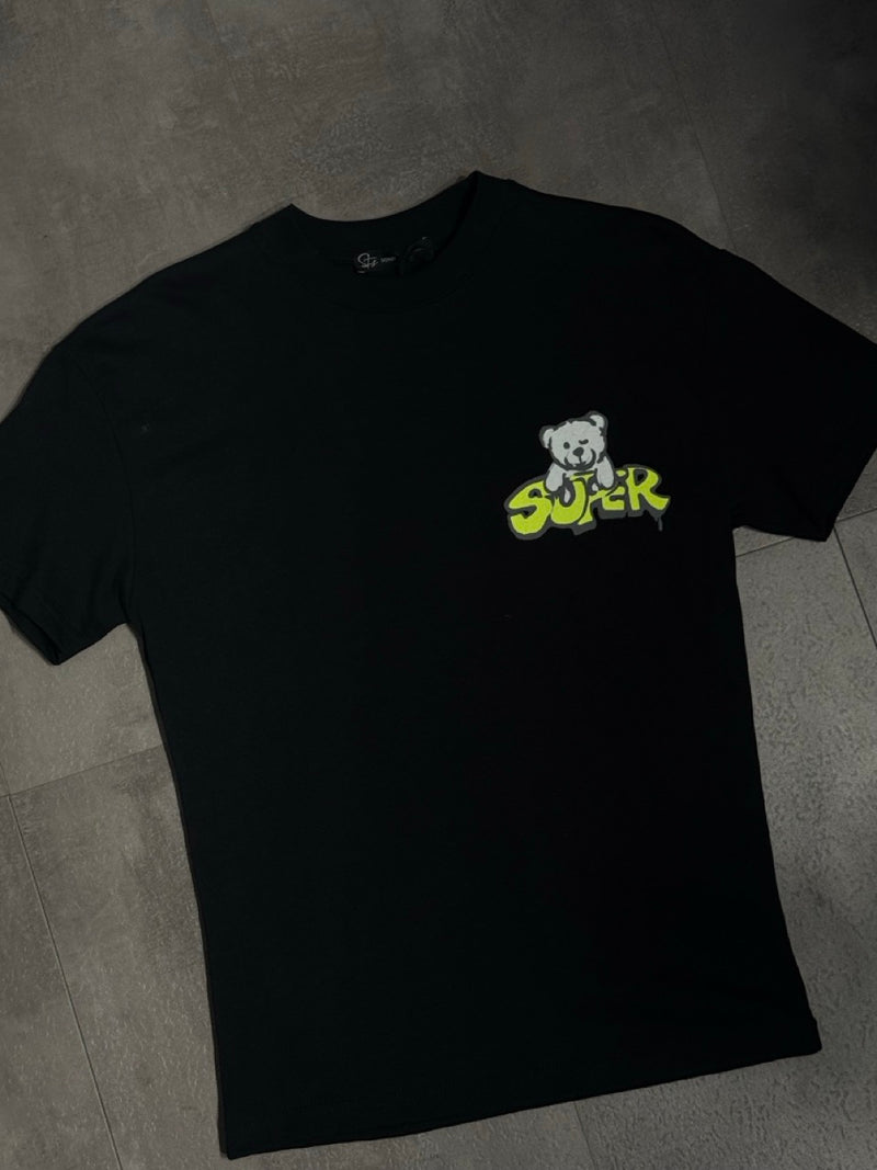 T-shirt nera con stampa "SUPER" e orsetto - OVERSIZE 10-16 anni