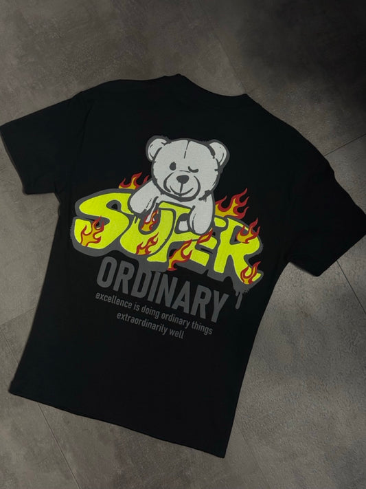 T-shirt nera con stampa "SUPER" e orsetto - OVERSIZE 10-16 anni