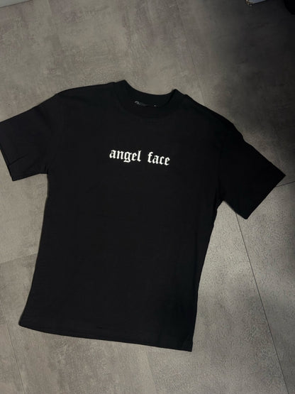 T-shirt nera con stampa "ANGEL FACE" - OVERSIZE 10-16 anni