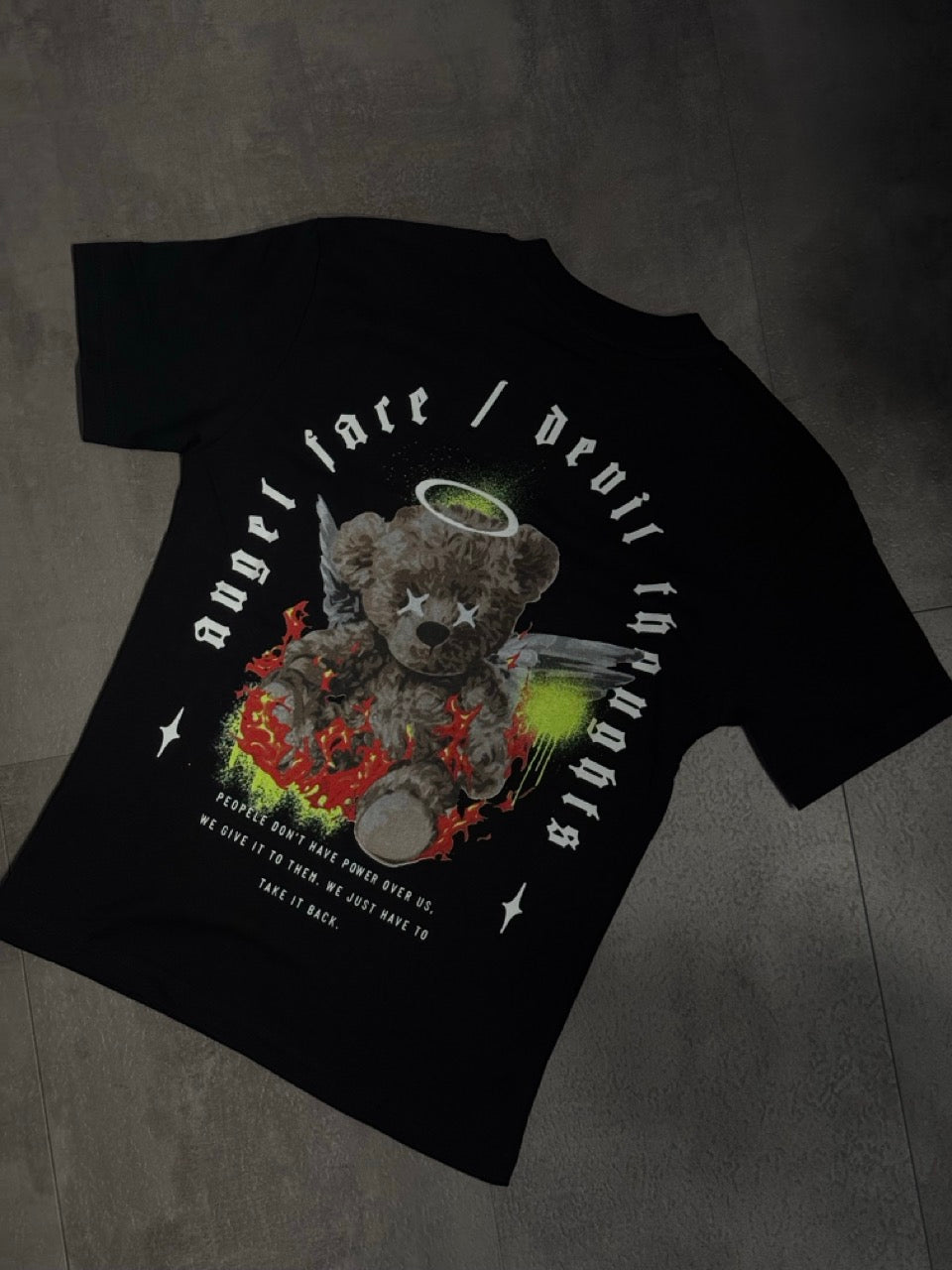 T-shirt nera con stampa "ANGEL FACE" - OVERSIZE 10-16 anni