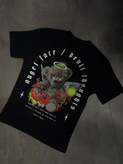 T-shirt nera con stampa "ANGEL FACE" - OVERSIZE 10-16 anni