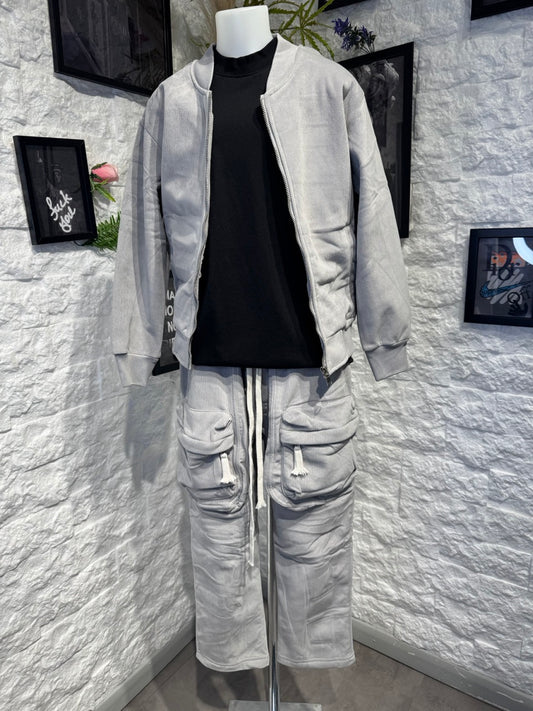 Completo grigio a costine con giacca zip e cargo - OVERSIZE - FELPATO 10-16 anni