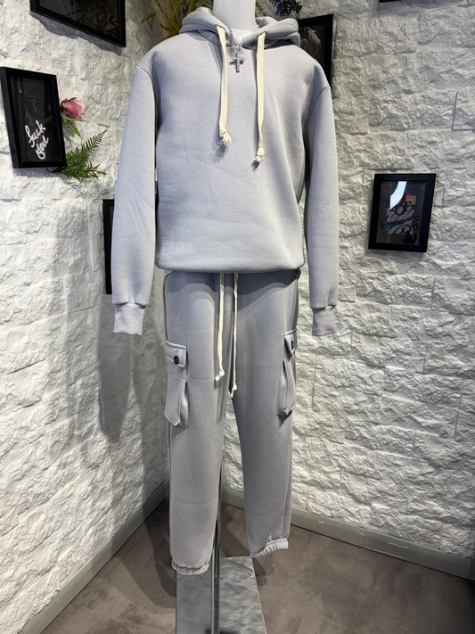 Completo grigio perla con felpa cappuccio e pantalone cargo - FELPATO 10-16 anni