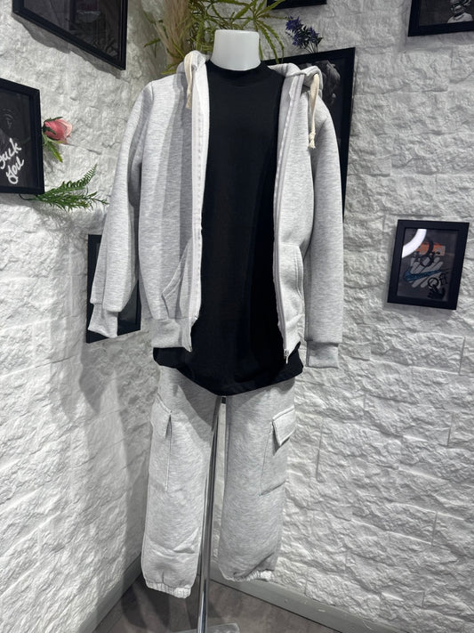 Completo grigio in tuta con felpa zip e pantalone cargo - FELPATO 10-16 anni