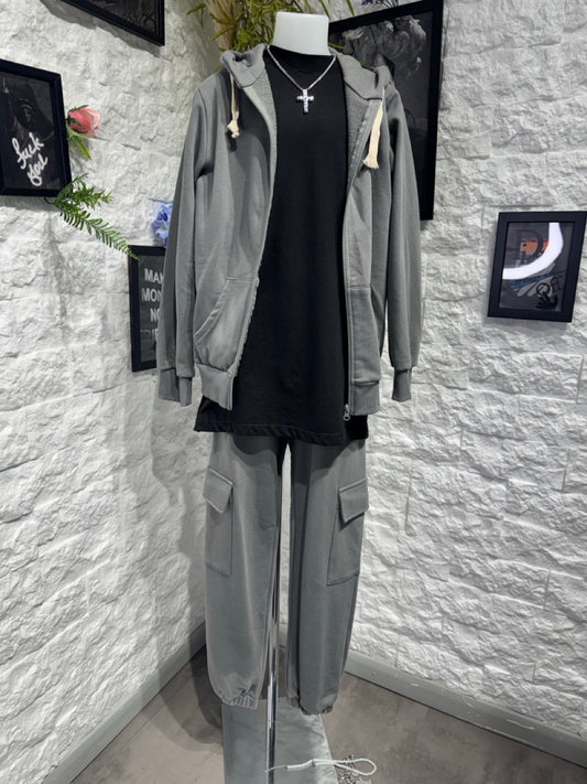 Completo grigio piombo con felpa zip e pantalone cargo - GARZATO 10-16 anni