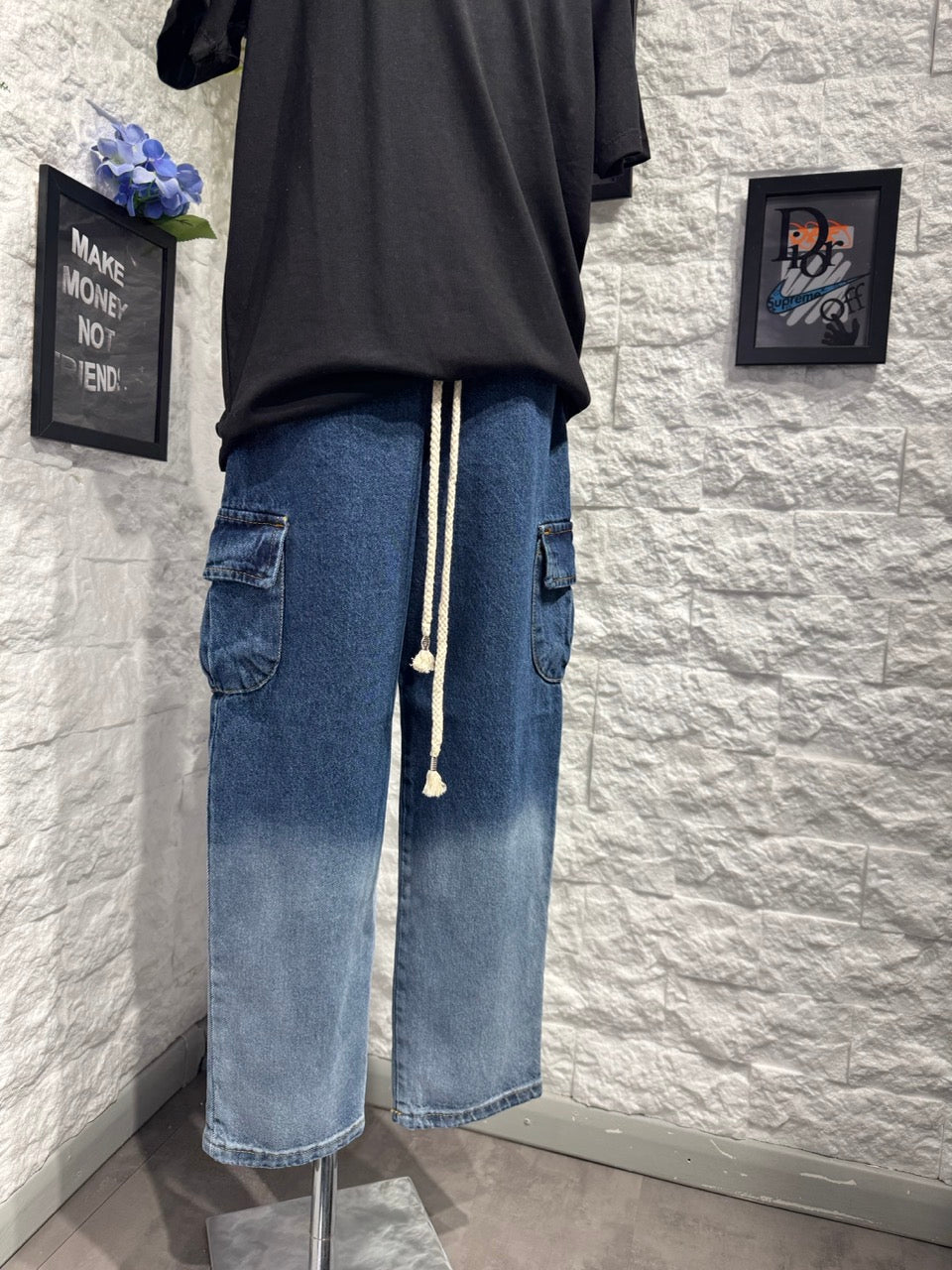 Jeans cargo azzurro in denim lavaggio sfumato slavato 10-16 anni