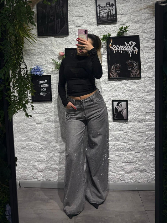 Jeans a palazzo grigio in denim con strass