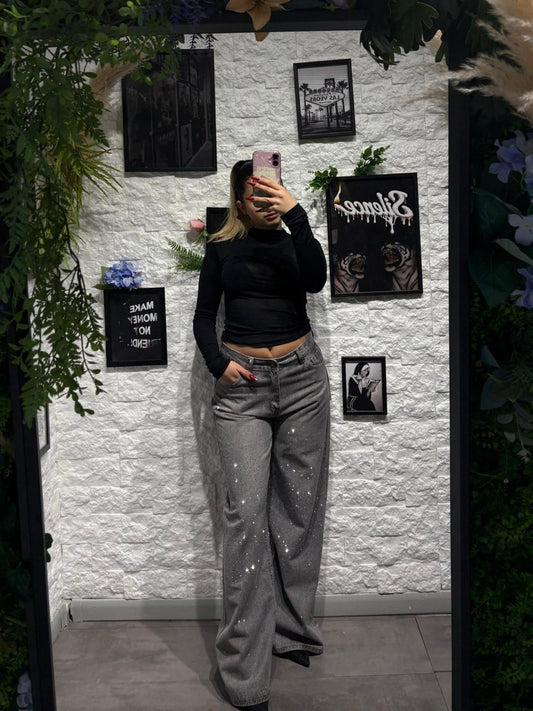 Jeans a palazzo grigio in denim con strass