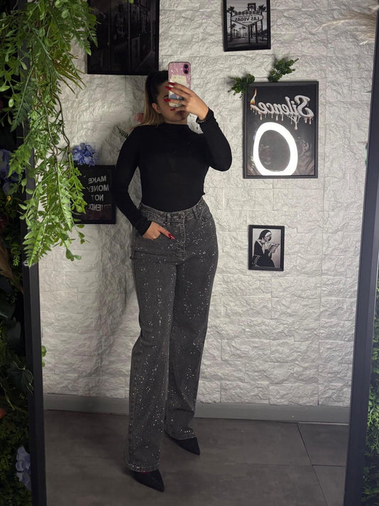 Jeans wide leg grigio slavato in denim con strass brillantinati