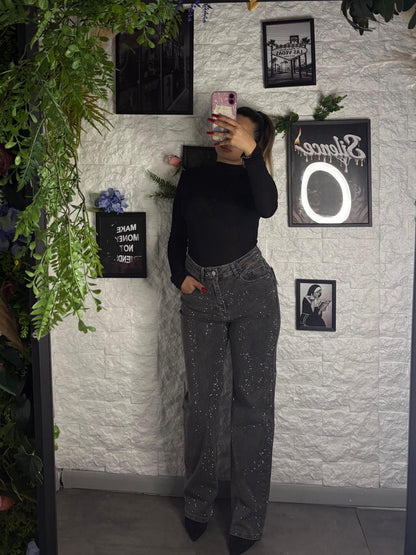 Jeans wide leg grigio slavato in denim con strass brillantinati