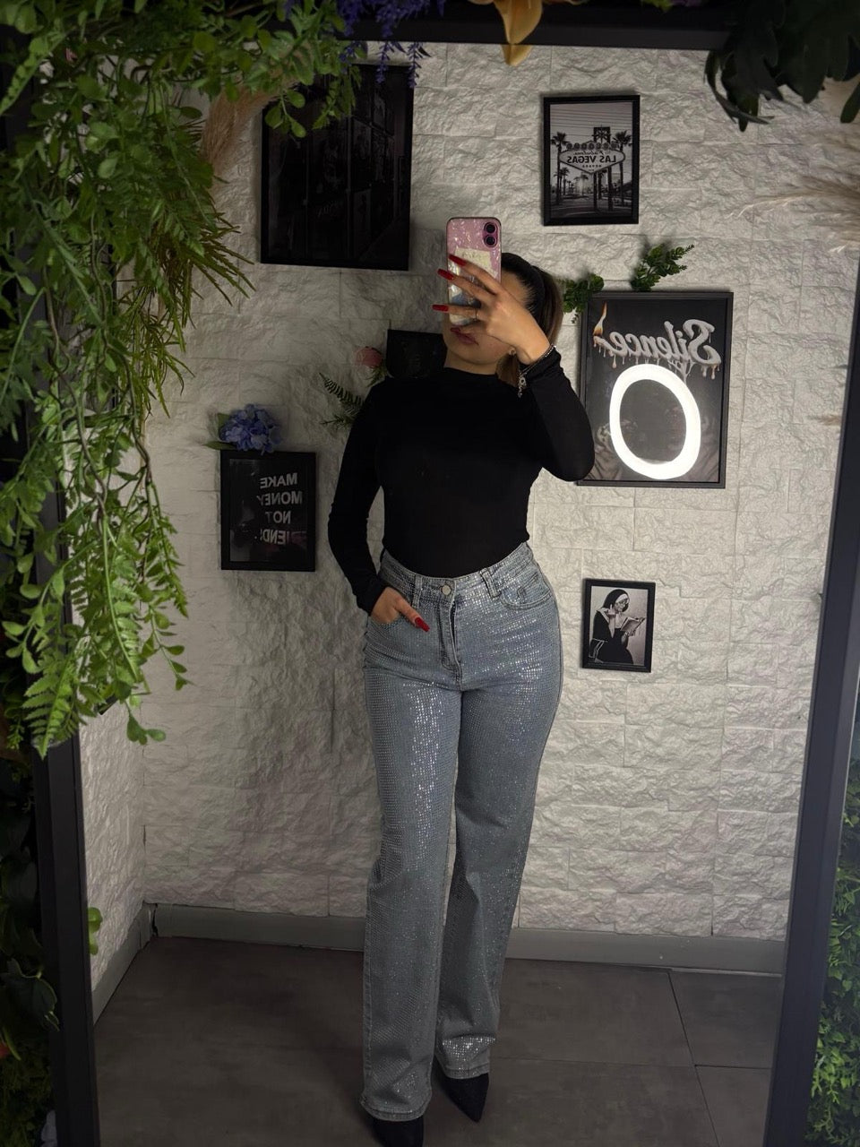 Jeans wide leg blu in denim con strass brillantinati