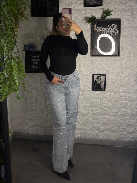 Jeans wide leg blu chiaro animalier con strass brillantinati