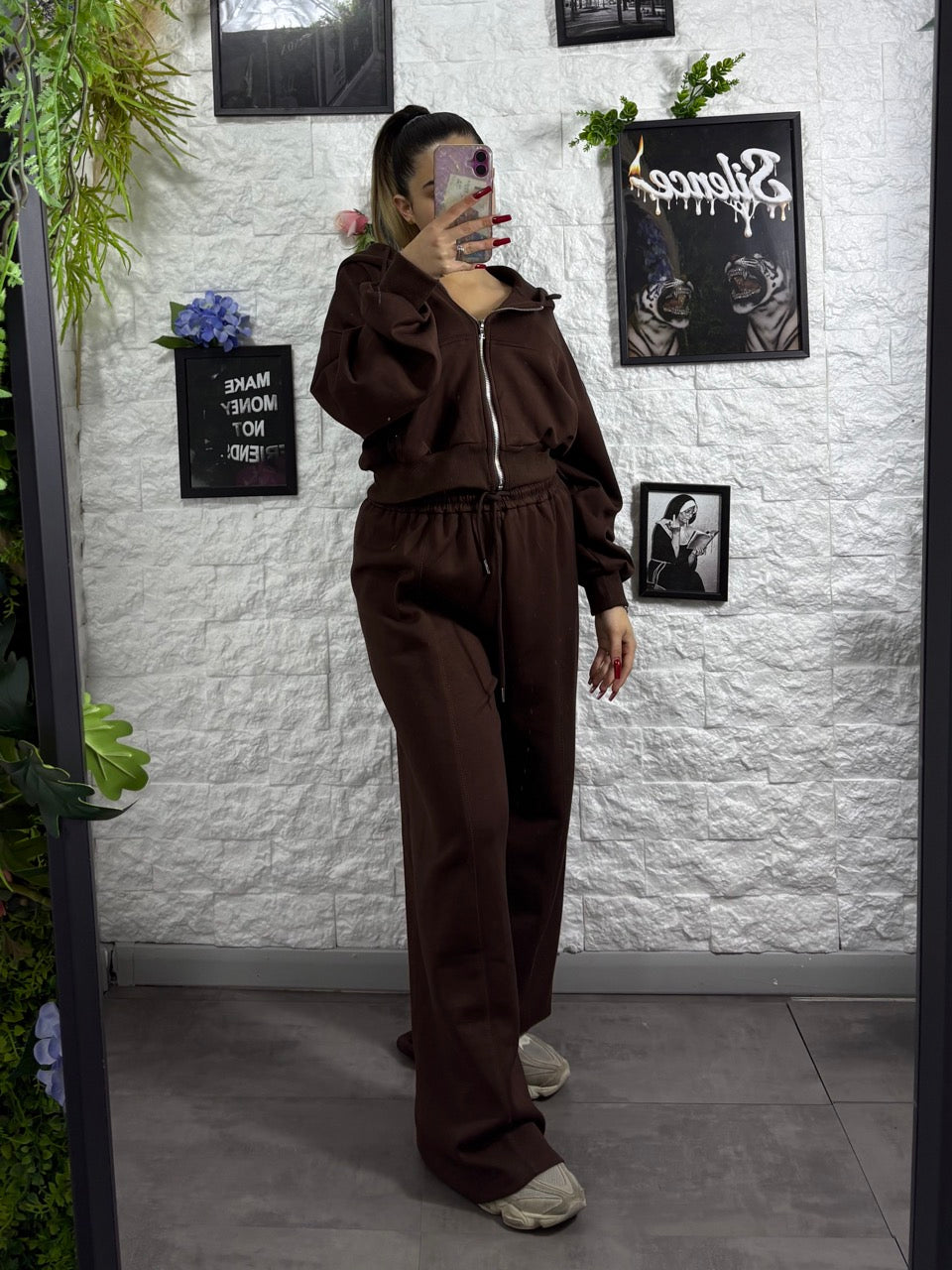 Completo marrone con felpa zip e pantalone palazzo - GARZATO