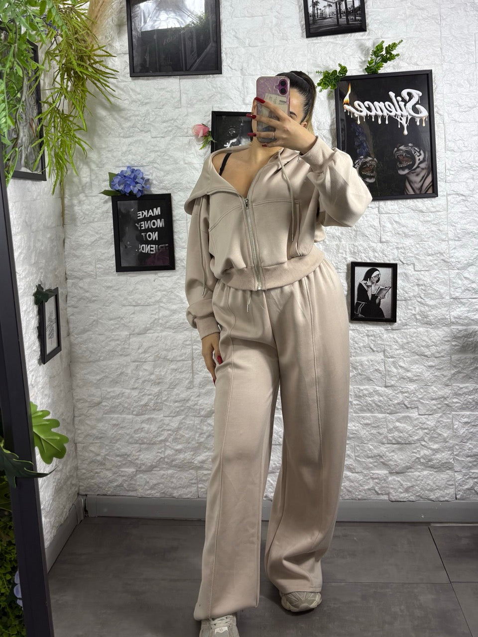 Completo con felpa crop cappuccio e pantalone palazzo - GARZATO