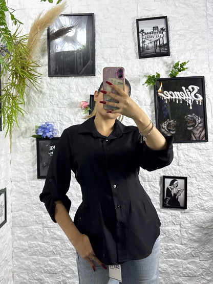 Camicia manica lunga tinta unita con punto vita elasticizzato