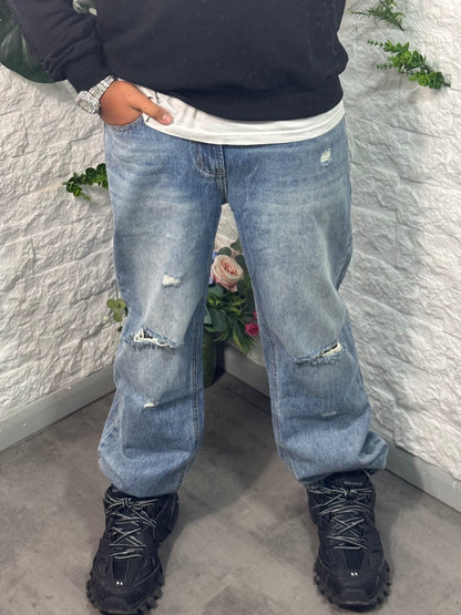 Jeans baggy denim con strappi