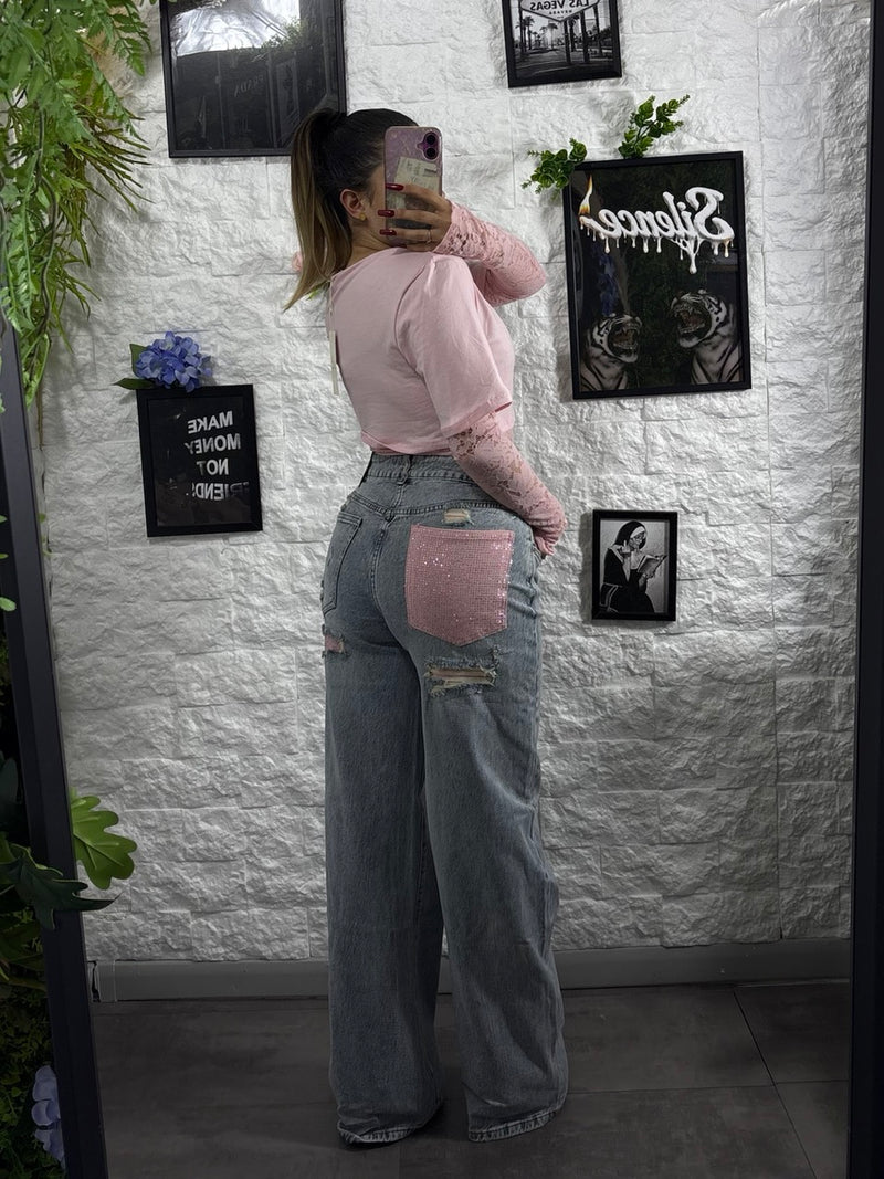 Jeans baggy chiaro in denim con tasca glitter rosa