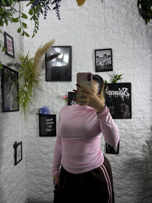 T-shirt leggera manica lunga tinta unita con mezzo collo alto