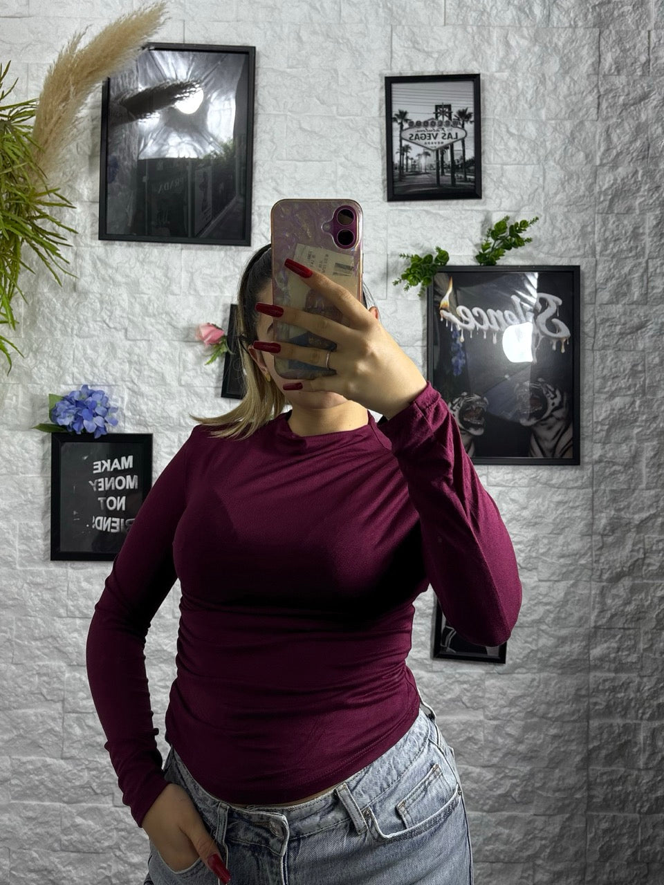 T-shirt leggera manica lunga tinta unita con mezzo collo alto