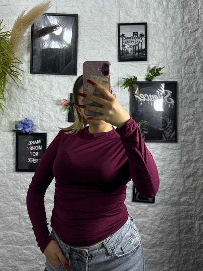 T-shirt leggera manica lunga tinta unita con mezzo collo alto