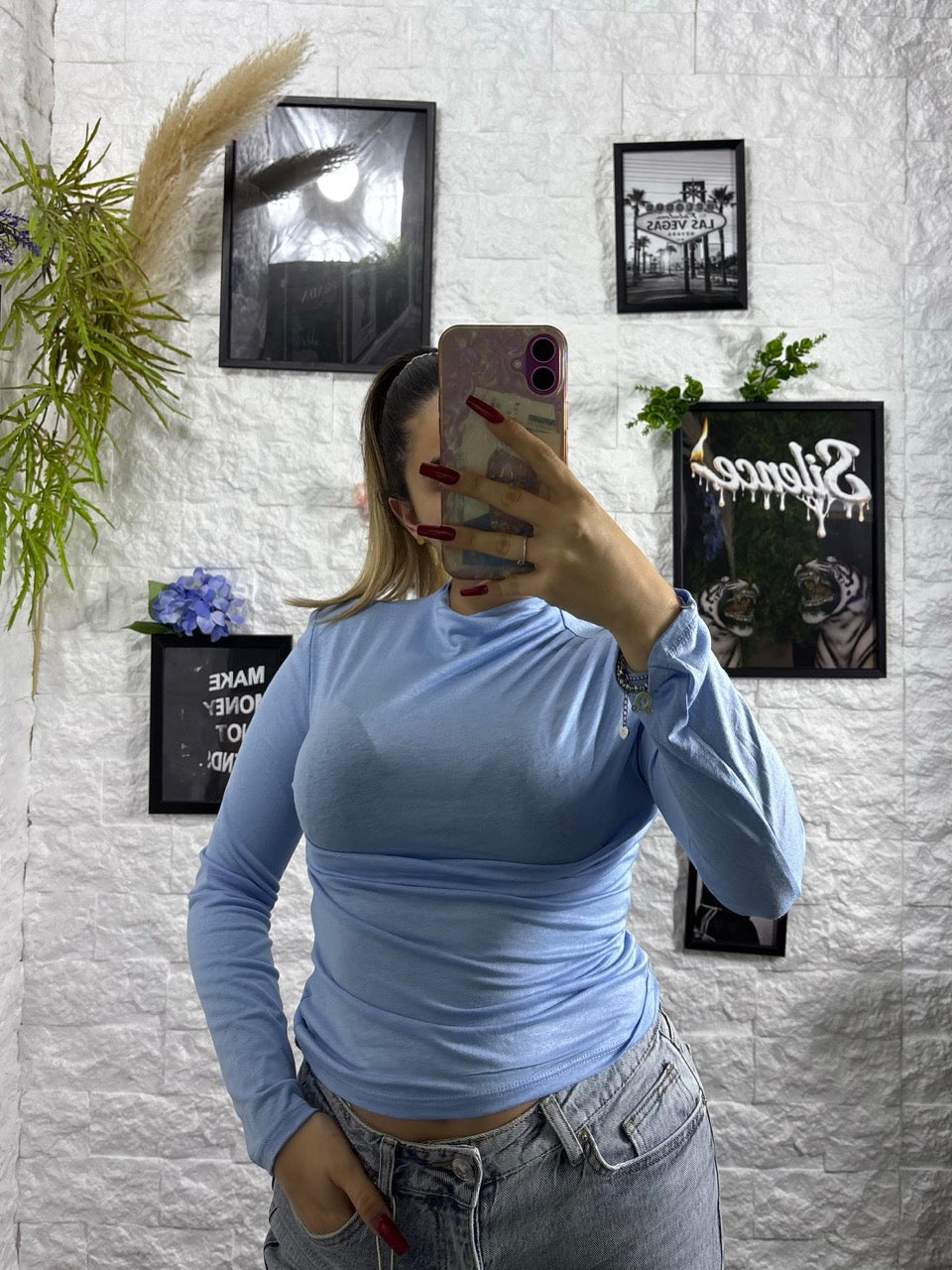 T-shirt leggera manica lunga tinta unita con mezzo collo alto